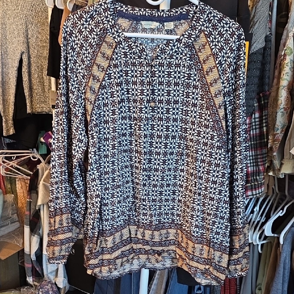Navy and Cream Geometric Women's Blouse